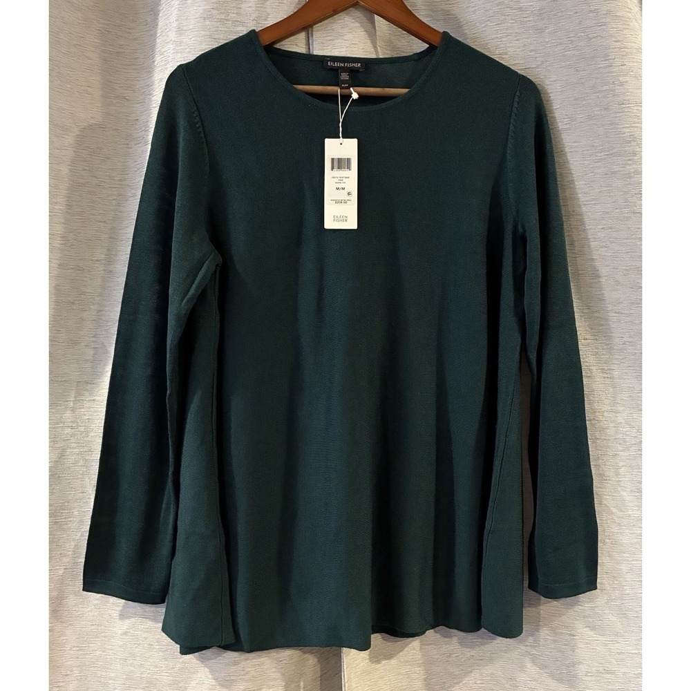 Eileen Fisher Pine Green Silk Lyocell Jersey Knit Pullover Tunic Top Medium NWT